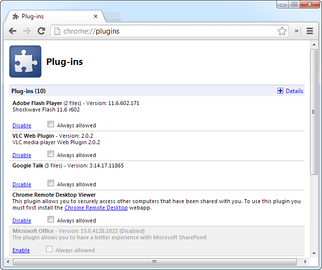 Chrome plugins settings